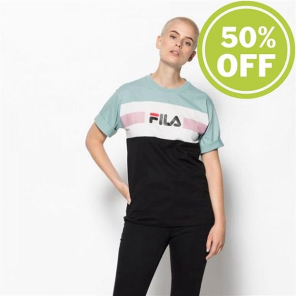 Fila Shannon With Crew Neck Aquifer /Bright Women's T-Shirts - White/Black,NZ 452-68927